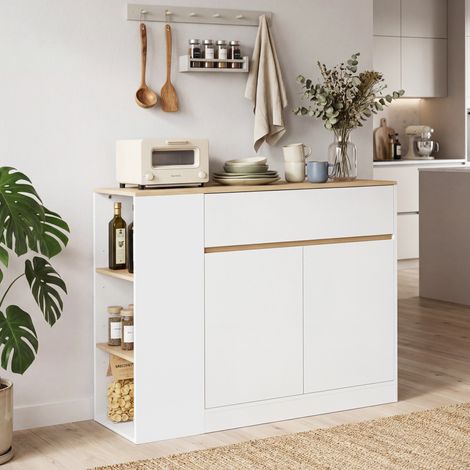 Sideboard, grand casier, 3 compartiments, tiroir, 106 x 30 x 81,2 cm, blanc/bois (1/5)