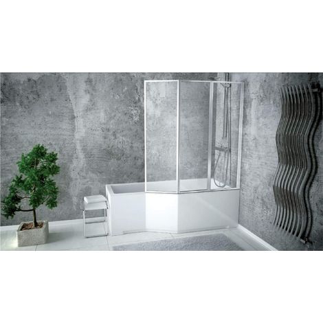 ECOLAM® Duschbadewanne Set Badewanne 150x75 cm RECHTS + Badewannenabtrennung Duschwand Eckbadewanne Integra Acryl weiß Schürze Ablaufgarnitur Automatik Füße Silikon raumsparend