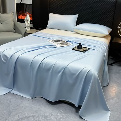 Drap Housse 230x245 cm Bleu Ciel, Drap Plat en Soie Glacée Fraîcheur d'Été, Housse de Couette Lite Luxe Unie pour Lit Double
