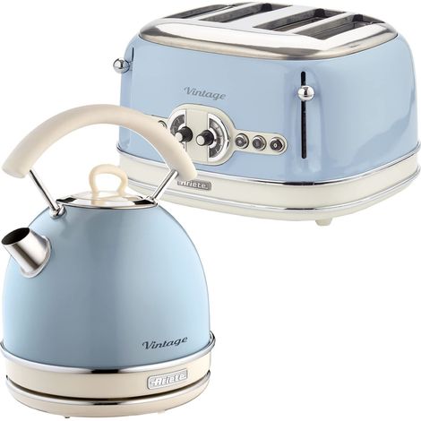 Ariete ARPK41 Retro Style Dome Kettle and 4 Slice Toaster Set, Vintage Design, Blue, Stainless Steel