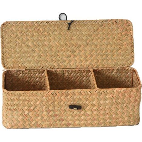 Panier de rangement rectangulaire avec couvercle — Bac de rangement en rotin tressé compartimenté pour organiser jouets, collations et papier toilette (1/4)