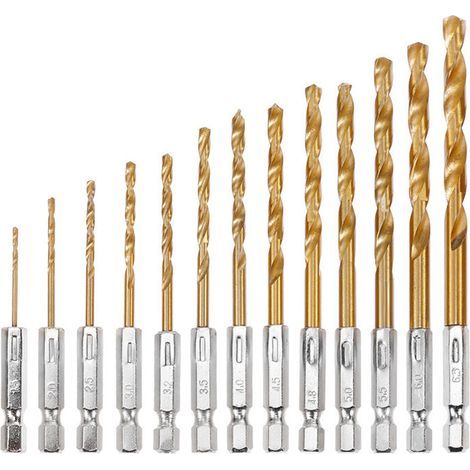 Juego de 13 brocas helicoidales HSS, brocas hexagonales de acero de alta velocidad con revestimiento de titanio, de 1,5 mm a 6,5 mm, para taladrar madera, metal y plástico. (1/5)
