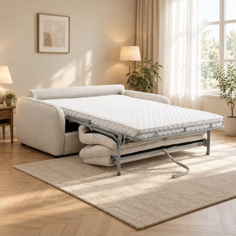 FELYA Canapé 3 places convertible matelas 12 cm en tissu écru (1/5)