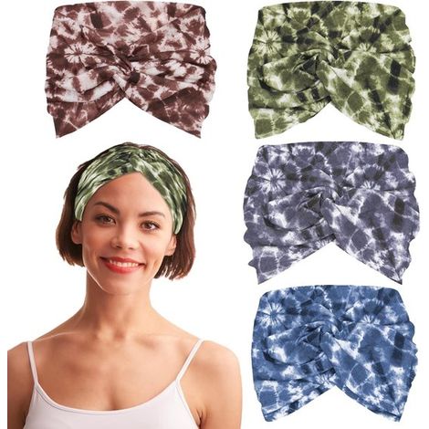 Conjunto de 4 diademas para mujer, diademas elásticas anchas y estrechas estilo boho, diademas con estampado de leopardo y tie-dye para yoga, deportes, spa y moda. (1/5)