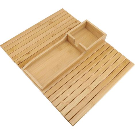 Porte-gobelets/plateau/support de rangement flexible et antidérapant en bambou pour accoudoirs de canapé, idéal pour les boissons, les en-cas et les télécommandes dans le salon. (1/5)