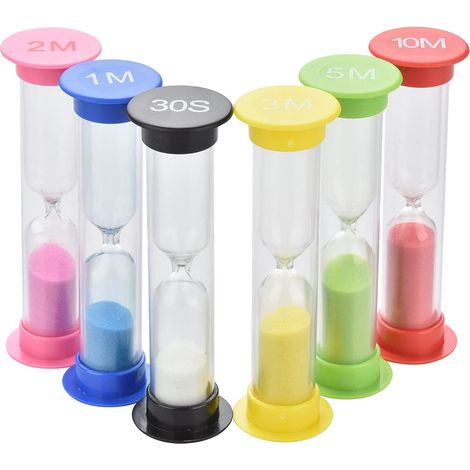 Ensemble de 6 sabliers colorés avec des durées de 10 min / 5 min / 3 min / 2 min / 1 min / 30 sec. Boîte de rangement pour sabliers, idéale pour la cuisine ou pendant la préparation des repas.