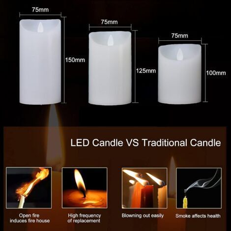 NALOOKAMIC Bougies LED, bougies LED à flamme vacillante réaliste, lot de 3 (10 cm, 12,5 cm, 15 cm), décoration esthétique pour la chambre