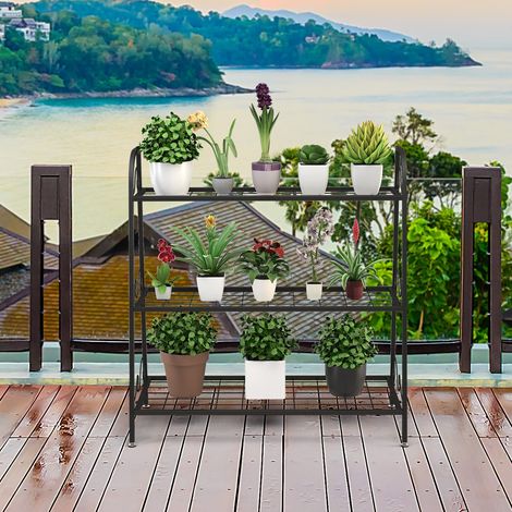 Étagère à plantes en métal à 3 niveaux avec pieds réglables et poignées, pour salon, balcon et jardin (1/5)