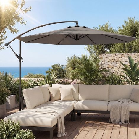 Ombrellone decentrato Ø300 cm con base a croce, telo regolabile e manovella, protezione UPF30+ per terrazzo e patio, grigio