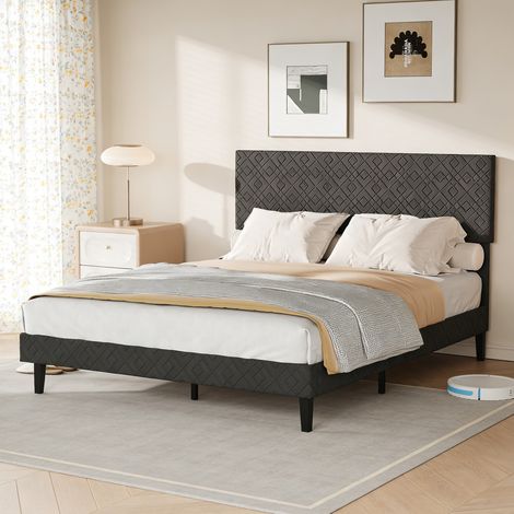 Lit 160x200cm,Tête de Lit Capitonné,Structure Robuste,Cadre de Lit Adulte Double avec Sommier,Scandinave Moderne,Lit 2 Place,Tissu Lin,Gris (1/5)