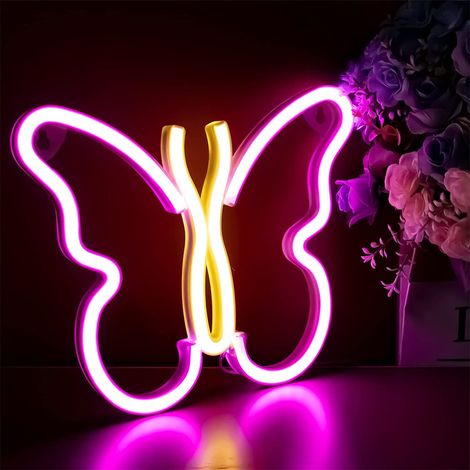Lampe néon papillon, applique murale LED néon, enseigne lumineuse néon brillante alimentée par piles ou USB pour chambre, chambre d'enfant, salon (1/2)