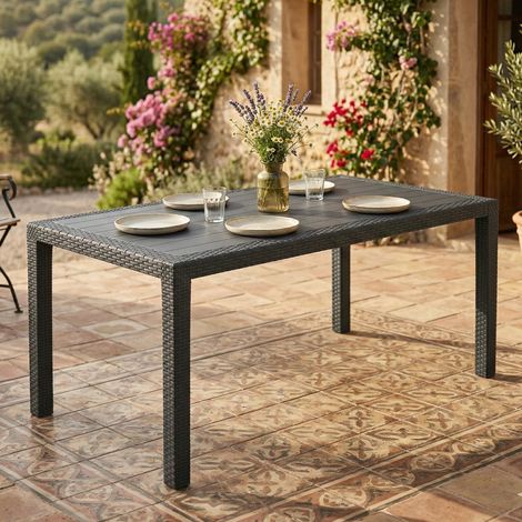 Dmora - Mesa de jardín Dfelic, Mesa rectangular fija, Mesa de jardín polivalente efecto ratán, 100% Made in Italy, 138x78h72 cm, Antracita (1/5)