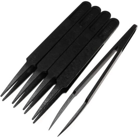 Un ensemble de 5 pinces de précision multifonctionnelles en plastique antistatique et à pointe fine, adaptées aux produits électroniques, aux bijoux et aux travaux de laboratoire. (1/4)