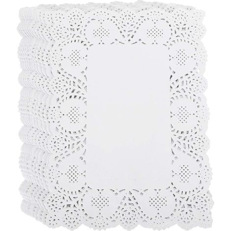 Napperons en papier dentelle blanche, 140 pièces, tapis de papier rectangulaires pour emballage de gâteaux, décoration de table pour un goûter, un anniversaire ou un mariage (7,5 x 12 pouces)