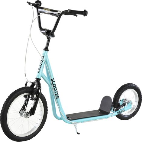 Trottinette patinette Grandes Roues pneumatiques Ø 40 et 30 cm Hauteur Guidon réglable Frein AV/AR béquille Acier Bleu Ciel Noir