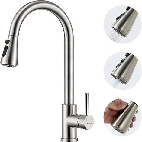 Mitigeur Cuisine Rotatif 360 Degrés avec Douchette Extractible Acier Inox 3 Modes (1/4)