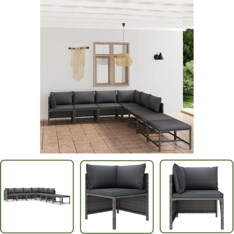 The Living Store Salon de jardin 8 pcs avec coussins Résine tressée Gris - Salon De Jardin - Mobilier De Jardin - Ensemble De Salon - Meubles De Jardin - Résine Tressée (1/5)
