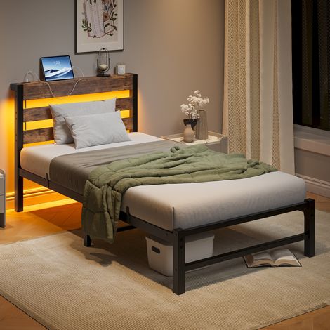 Letto per bambini 90x200 cm con LED e porta USB, letto singolo con contenitore sottostante, materasso non incluso, struttura in metallo, marrone (1/5)