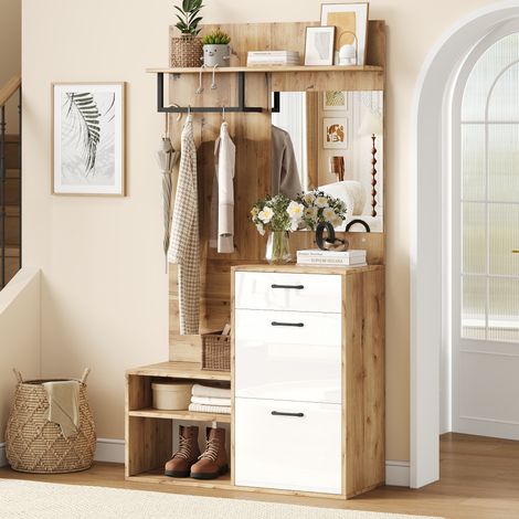 Ensemble meuble d'entrée 100x38,5x190 cm avec miroir, banc à chaussures, rangement mural, armoire étroite, 1 tiroir et 2 penderies, grand espace de stockage, blanc et bois clair. (1/5)