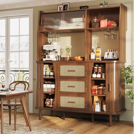 Credenza alta 140 x 40,5 x 174,5 cm in MDF e metallo, effetto rattan, noce DESVIAE (1/5)