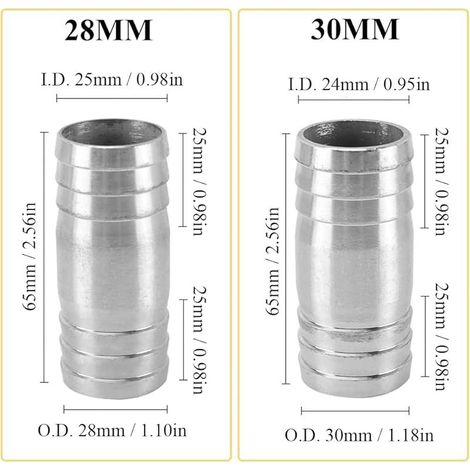 28 mm Connecteur de tuyau droit en acier inoxydable, connecteur de tuyau à 2 voies pour tuyau de vidange (lot de 2) (1/5)