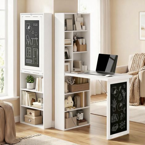 Bureau d'ordinateur pliable avec bibliothèque à 9 niveaux en bois et métal, 98 x 51 x 153 cm, blanc (1/5)