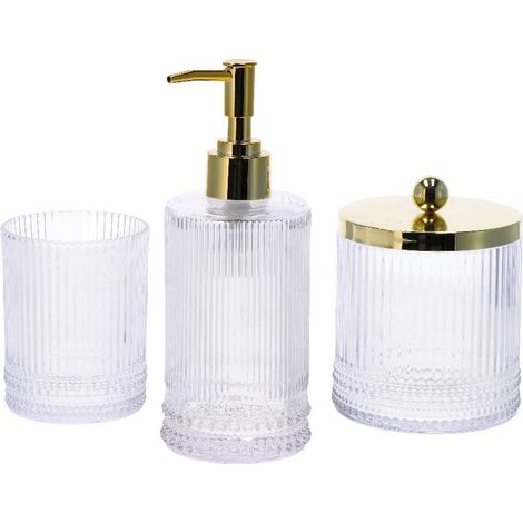 Set 3 Pezzi Accessori Bagno in Vetro Trasparente Dettagli Oro (1/2)