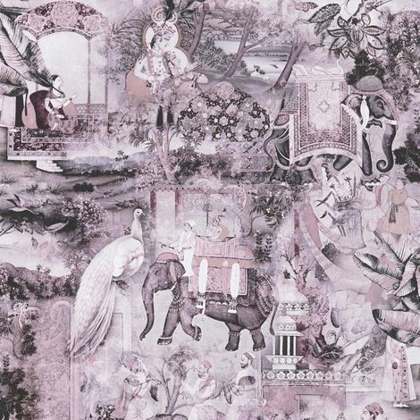 Papier peint intissé rose Tapisserie à dessins style oriental Papier peint nature jardin fleuri avec animaux idéal pour couloir (1/4)