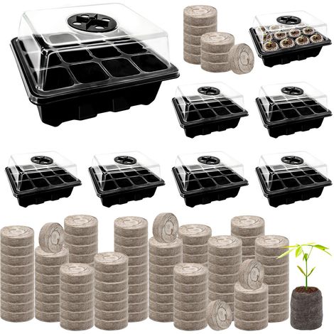 Kit de démarrage de semences - Lot de 8 plateaux de démarrage de graines noires à 96 cellules avec 100 granulés de tourbe pour semis, semences biologiques pour semences, plantation de (1/5)