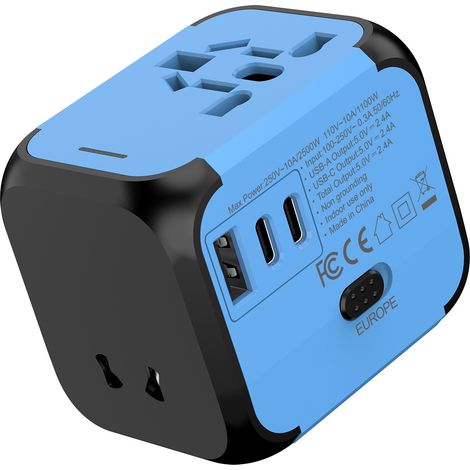 Chargeur de voyage international, adaptateur universel, convertisseur de prise multifonctionnel avec 2 ports Type-C et 1 port USB. (1/3)