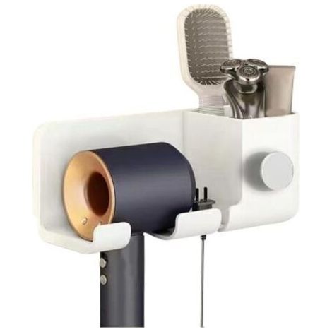 Wall-Mounted Hair Dryer Holder, No-Drill Hair Dryer Holder, Hair Dryer Holder and Straightener Holder, Dryer Organizer, White (1/5)