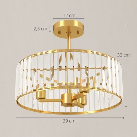 Plafonnier, lustre design, abat-jour en cristal, 3 ampoules, métal, couleur or (1/5)