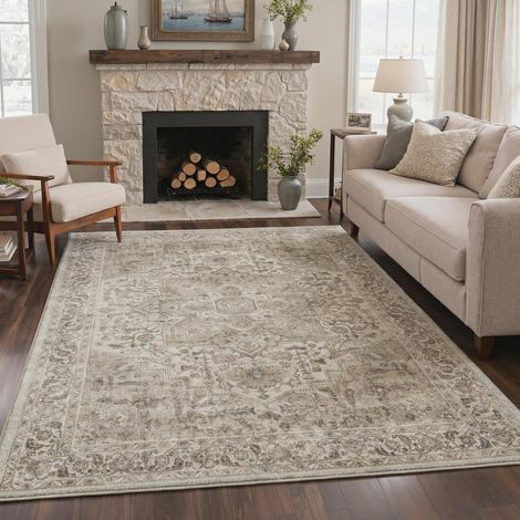 Tapis Salon Vintage 160x230cm Lavable en Machine Rug AntidéRapant Poil Ras, pour Chambre Salle a Manger Descente de Lit Bureau, Cuisine, Taupe et Ivoire (1/5)