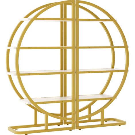 Étagère ronde modulaire en métal doré avec 4 étagères MDF blanches, 120×30×130 cm (1/5)