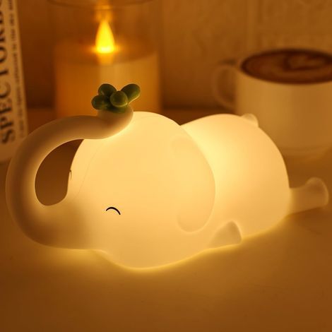 Veilleuse éléphant en silicone pour enfants Lampe LED rechargeable à 3 niveaux d'intensité, douce lumière animale tactile pour la chambre de bébé (1/5)