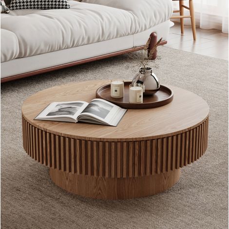 Mesa de centro redonda 75x75x35 cm de MDF con chapa de madera natural y almacenaje – MEUBLIV (1/5)