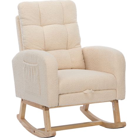 Fauteuil à bascule en velours teddy, fauteuil beige, structure en bois massif, pieds métalliques avec repose-jambes dissimulés, rembourrage épais en mousse, pour salon, chambre à coucher, chambre d'en (1/5)