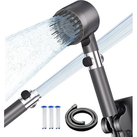 Pommeau Douche Anti Calcaire Haute Pression, Pommeau de douche avec Filtre Economie Deau, 3+1 Types de Jets Douchette Douche Salle de Bain avec Bouton D'arrêt D'eau,avec Tuyau1.5M et Support,Gris (1/5)