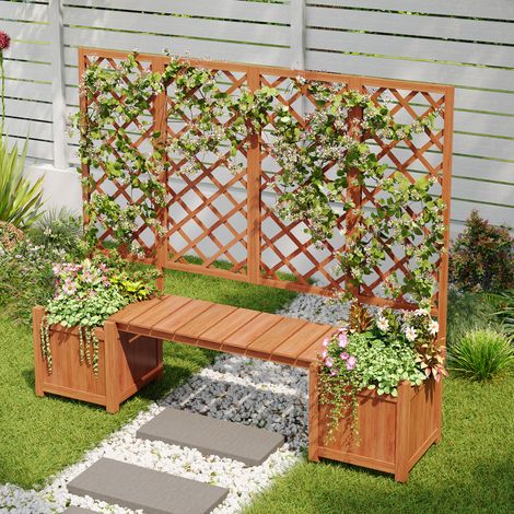 Pot de fleurs avec treillis et siège, pour terrasse de jardin, bois massif de sapin, marron, pieds bas