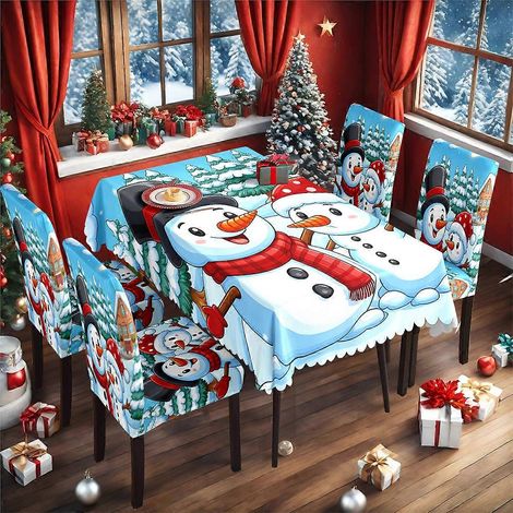 Nappe de Noël classique bleue avec bonhomme de neige, motif original, imperméable, housse de chaise, ensemble TC-110