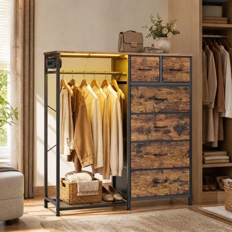 Commode 3 en 1 avec Portant à Vêtements, 6 Tiroirs, LED et Prises, 102,7 x 35 x 117,6 cm, Taupe (1/5)