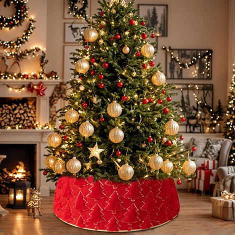 Jupe de Sapin Rouge, Couverture de Base de Sapin de Noël Rond, Décorations d'arbre de Noël (1/5)