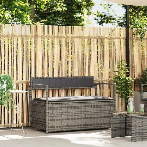 vidaXL Banc de rangement de jardin avec coussin gris résine tressée