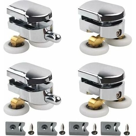 Accessoires pour roulettes de porte, roulettes doubles - pour portes de douche coulissantes, 2 roulettes Salle de bains en alliage de zinc diamètre 25 mm, avec butoirs et éléments de fixation, lot de (1/3)