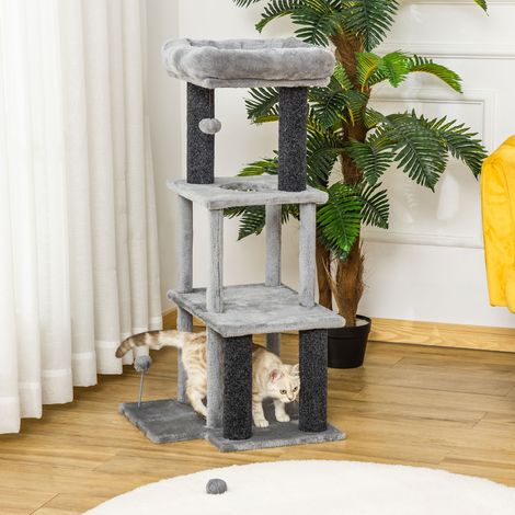 PawHut Arbre à Chat Design Cosy Chic 48x48x100cm - Centre d'Activités, Niches, Plateformes, Lit, Boule, Gris