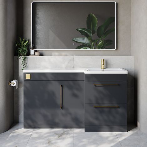 Napoli 390 Gloss Grey 1500mm 2 Drawer Vanity Unit Toilet Suite with Right Hand Square Lucia Basin - 1500mm - Brushed Brass 320mm HandleWithout Kingston Toilet Pan