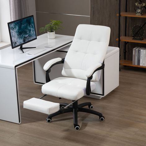 Silla de Oficina Giratoria Silla de Escritorio Reclinable Silla de Estudio Tapizada de PU con Altura Ajustable Reposabrazos Reposapiés 65x65x118-125 cm Blanco (1/5)