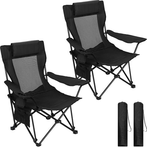 WOLTU Juego de 2 sillas plegables de pesca con reposacabezas plegable y respaldo ajustable. Silla plegable portátil con portavasos y reposapiés para camping, pesca y playa, color negro