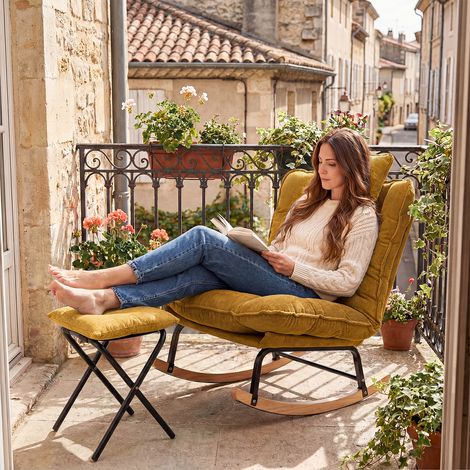 Fabulcozy Schaukelstuhl aus Cord mit Fußstütze, Stillstuhl mit Kopfstütze, 3-fach verstellbare Rückenlehne, abnehmbares Kissen mit Klettverschluss, Massivholzgestell – Wohnzimmer/Balkon, 81 × 80 × 84