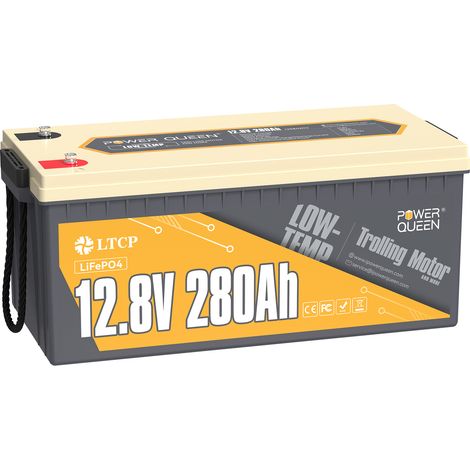 Power Queen – Batterie lithium 12V 280Ah 3584Wh LiFePO4 – Protection basse température – BMS 200A – 4000-15000 cycles – Pour camping car, bateau, solaire